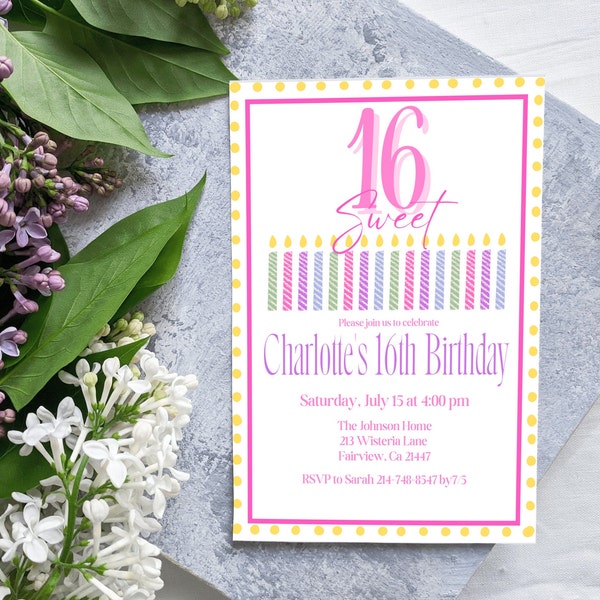 Editable Sweet sixteen Candles Birthday Invitation Template, Sweet 16 Invite, Instant Download, Digital Invite, KP205