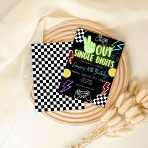 May include: A black and white checkered background with a neon green, yellow, and pink invitation card. The card says "Out Single Digits" and "Carson's 10th Birthday".
