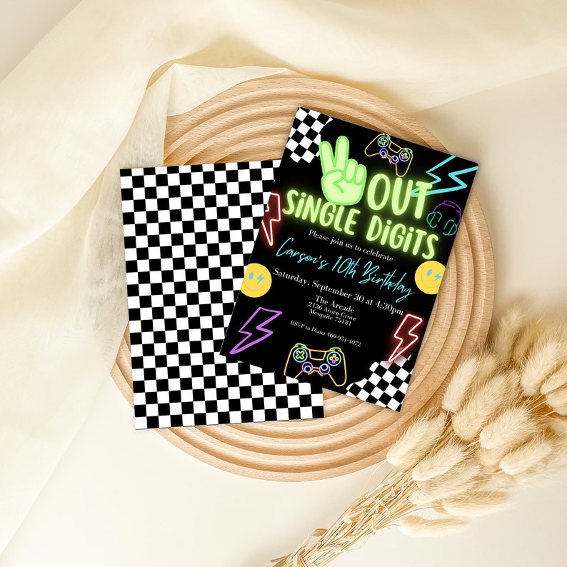 May include: A black and white checkered background with a neon green, yellow, and pink invitation card. The card says "Out Single Digits" and "Carson's 10th Birthday".