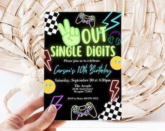 Editable Peace Out Single Digits Boy Birthday Invitation Template, Boy's Checkered Neon Birthday, Instant Download, Digital Invite, KP528