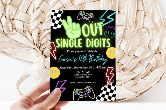 Editable Peace Out Single Digits Boy Birthday Invitation Template, Boy's Checkered Neon Birthday, Instant Download, Digital Invite, KP528