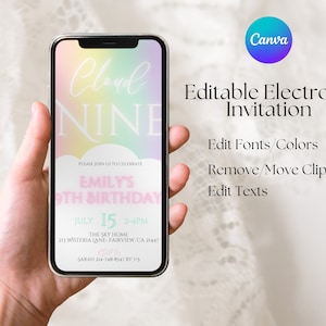 Editable Animated Electronic Cloud Nine Birthday Invitation Template, Rainbow Sky Cloud Nine, Instant Download, Digital, KP351