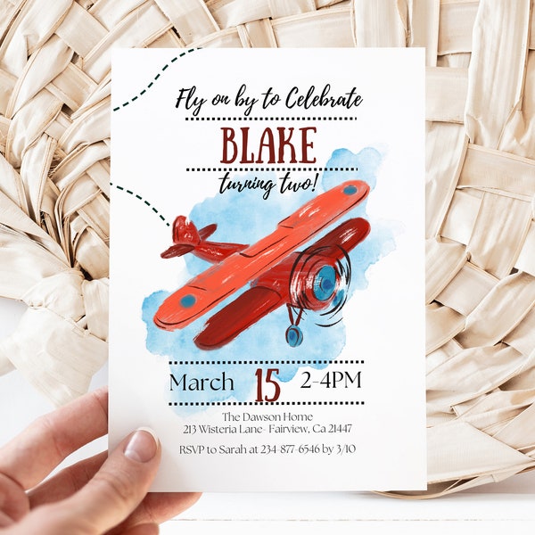 Editable Fly on Over Airplane Birthday Invitation Template, Airplane Invite, Instant Download, Digital Invite, KP109