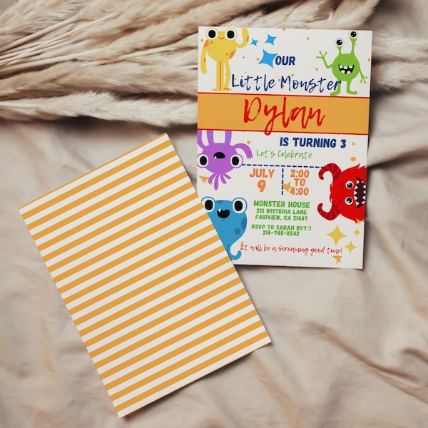 Editable Little Monster Birthday Invitation Template, Monster Party Invite, Instant Download, Digital, KP169