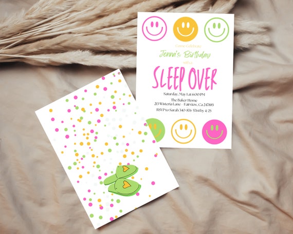 Retro Smile Sleepover Invitation Template, Smile Sleepover Invite, Sleepover Birthday Invite, Instant Download, Digital Invite, KP101