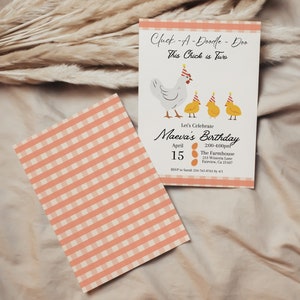 Editable Cluck a doodle Doo This Chick is Two Invitation Template, Chicken Invite, Instant Download, Digital Print, KP138