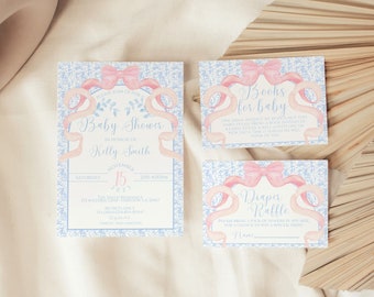 Editable Blue Chinoiserie and Pink Ribbon Baby Shower Bundle, Preppy Southern, Light Blue Toile, Instant Download, Digital Invite, KP467
