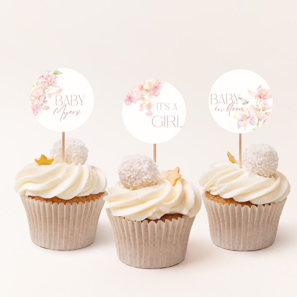 Editable Baby in Bloom Blush Pink Cupcake Toppers, Coordinating Baby Shower Essentials, Instant Download, Digital, KP554