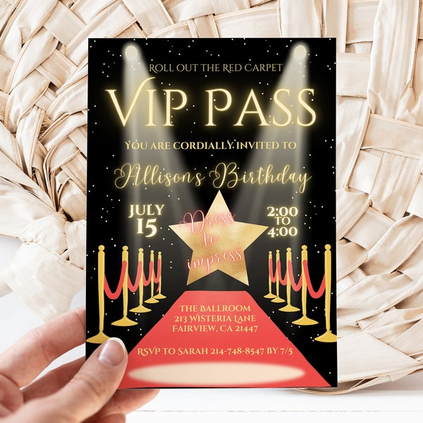 Editable Roll Out the Red Carpet VIP Birthday Invitation Template, Red Carpet VIP PASS, Instant Download, Digital Invite, KP298