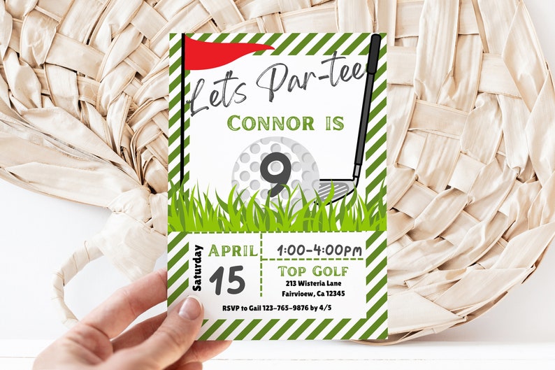 May include: Green and white striped invitation with the text "Let's Par-tee Connor is 9" and a golf ball and club graphic. The invitation also includes the date "April 15" and the time "1:00-4:00 PM".