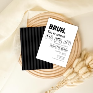 Editable Gaming Bruh Boys Birthday Invitation Template, Black and White Invite Video Game Controllers Instant Download, Digital Invite, K750
