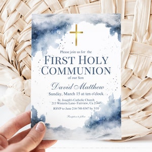 Editable Blue Watercolor First Holy Communion Invitation Template, Blue Ink Boy's Religious Cross, Instant Download, Digital Invite, KP502