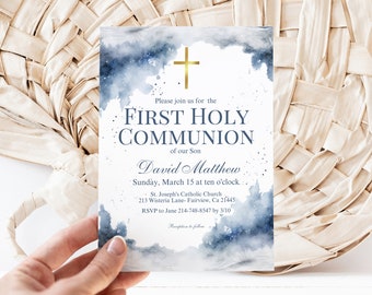 Editable Blue Watercolor First Holy Communion Invitation Template, Blue Ink Boy's Religious Cross, Instant Download, Digital Invite, KP502