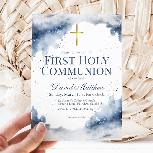 Editable Blue Watercolor First Holy Communion Invitation Template, Blue Ink Boy's Religious Cross, Instant Download, Digital Invite, KP502