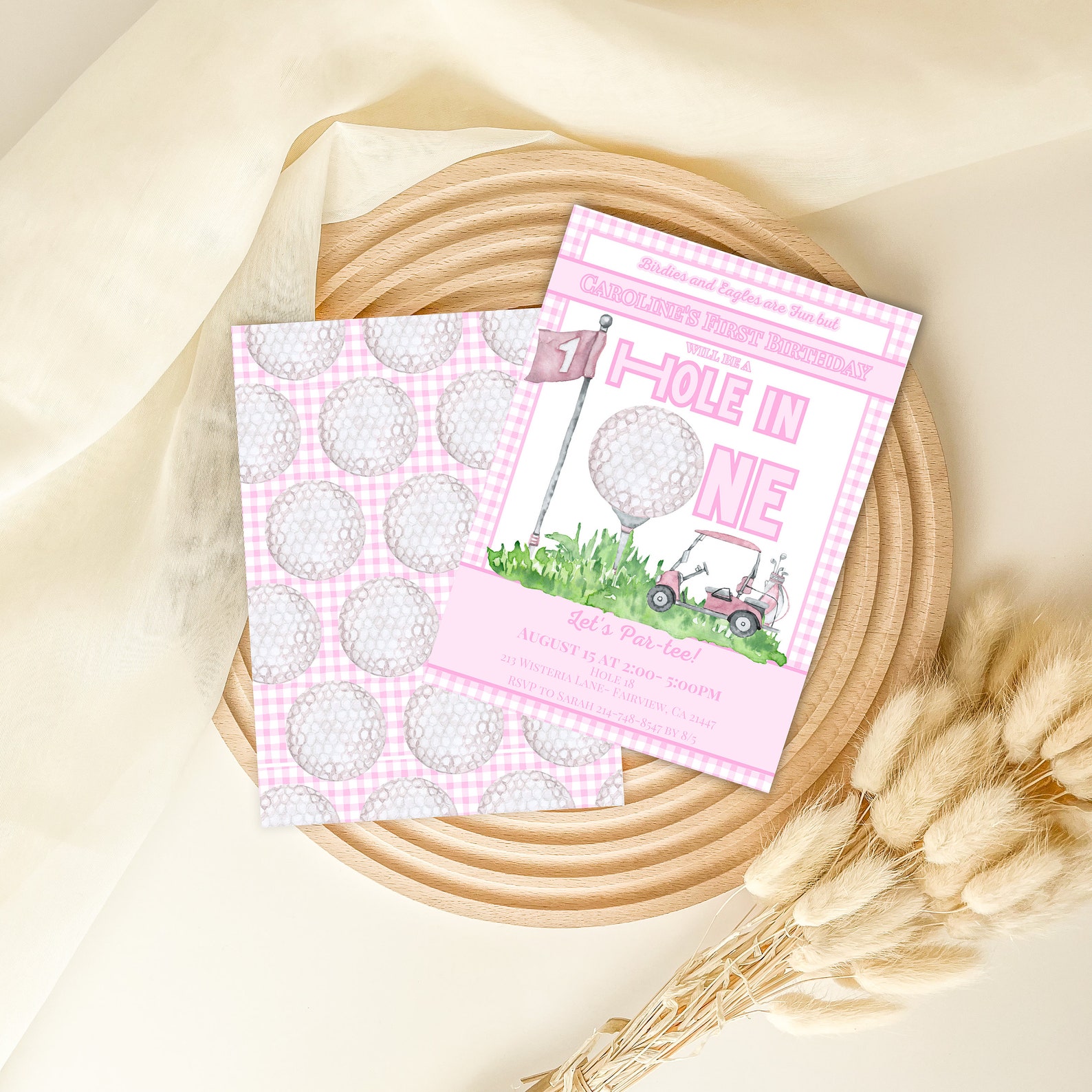 Editable Pink Gingham Hole in One Girl's First Birthday Golf Party Pack ...