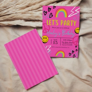 Editable Retro Girls Rainbow Smile Birthday Invitation, Hot Pink Invite, Instant Download, Digital Print, KP140