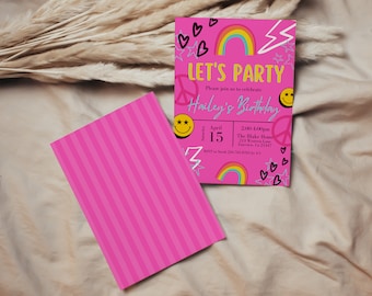 Editable Retro Girls Rainbow Smile Birthday Invitation, Hot Pink Invite, Instant Download, Digital Print, KP140