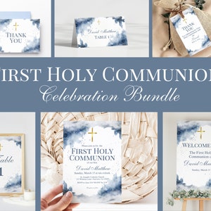 Puede incluir: Un conjunto de celebración de la primera comunión en acuarela azul y dorado con un cartel de bienvenida, una invitación, un número de mesa y una etiqueta de agradecimiento. El texto incluye "Primera Santa Comunión", "David Matthew" y "Bienvenido a".
