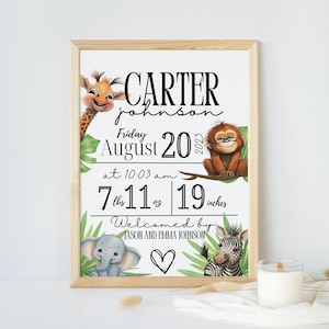 Modello di statistiche di nascita di Baby Safari Animal Birth Stat Sign, stampabile modificabile, statistiche di annuncio di nascita 8x10 e 11x14, download immediato, digitale, KP280