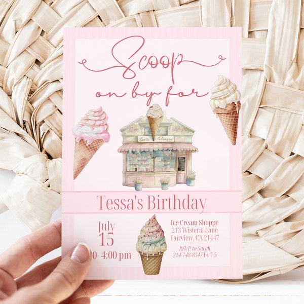 Scoop on by Birthday Invitation Template, Ice Cream Shop Party, Summer Birthday, Digital Invite, Instant Download, KP259