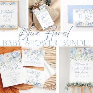 Edytowalny zestaw niezbędnych rzeczy na baby shower w kolorze niebieskim Foral Baby in Bloom, wiosna i lato, natychmiastowe pobranie, cyfrowe zaproszenie, KP392
