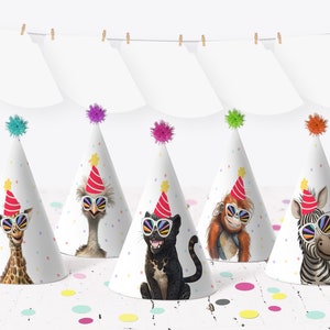 May include: Five colorful party hats with animal faces and sunglasses. The hats are decorated with confetti and have a red and white striped hat on top. The animals include a giraffe, an ostrich, a black panther, a monkey, and a zebra.