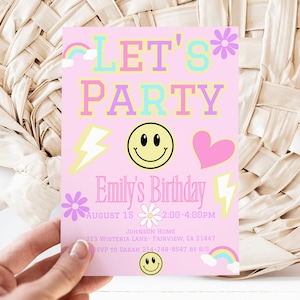 Editable Preppy Let's Celebrate Smile Face Birthday Invitation Template, Patches Party Invite, Instant Download, Digital, KP238