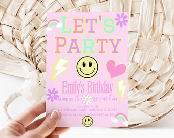 Editable Preppy Let's Celebrate Smile Face Birthday Invitation Template, Patches Party Invite, Instant Download, Digital, KP238