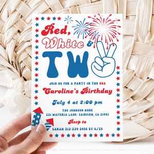 Editable Red, White and Two Birthday Invitation Template, Patriotic Party, Memorial Day, 4th of July, Instant Download, KP393