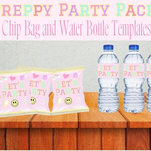 May include: A party-themed image featuring chip bags and water bottles. The chip bags are pink with a "LET'S PARTY" design, rainbows, hearts, and smiley faces. The water bottles have labels that read "LET'S PARTY". The text "PREPPY PARTY PACK" is at the top.