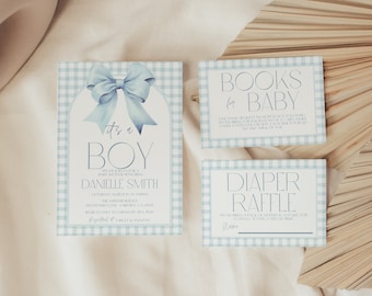 Editable It's a Boy Blue Bow and Gingham Baby Shower Invitation Bundle, Preppy Plaid, Instant Download, Digital Invite, KP516