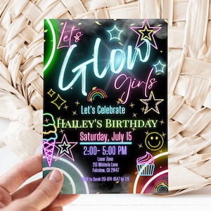 Editable Let&#39;s Glow Girls Birthday Invitation Template, Glow Party Invite, Instant Download, Digital Invite, KP263