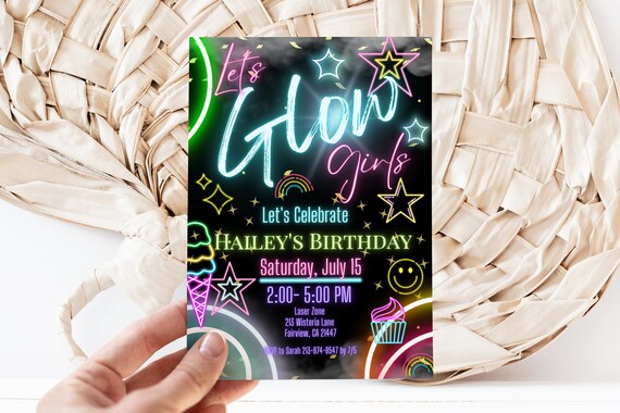 Editable Let's Glow Girls Birthday Invitation Template, Glow Party Invite, Instant Download, Digital Invite, KP263