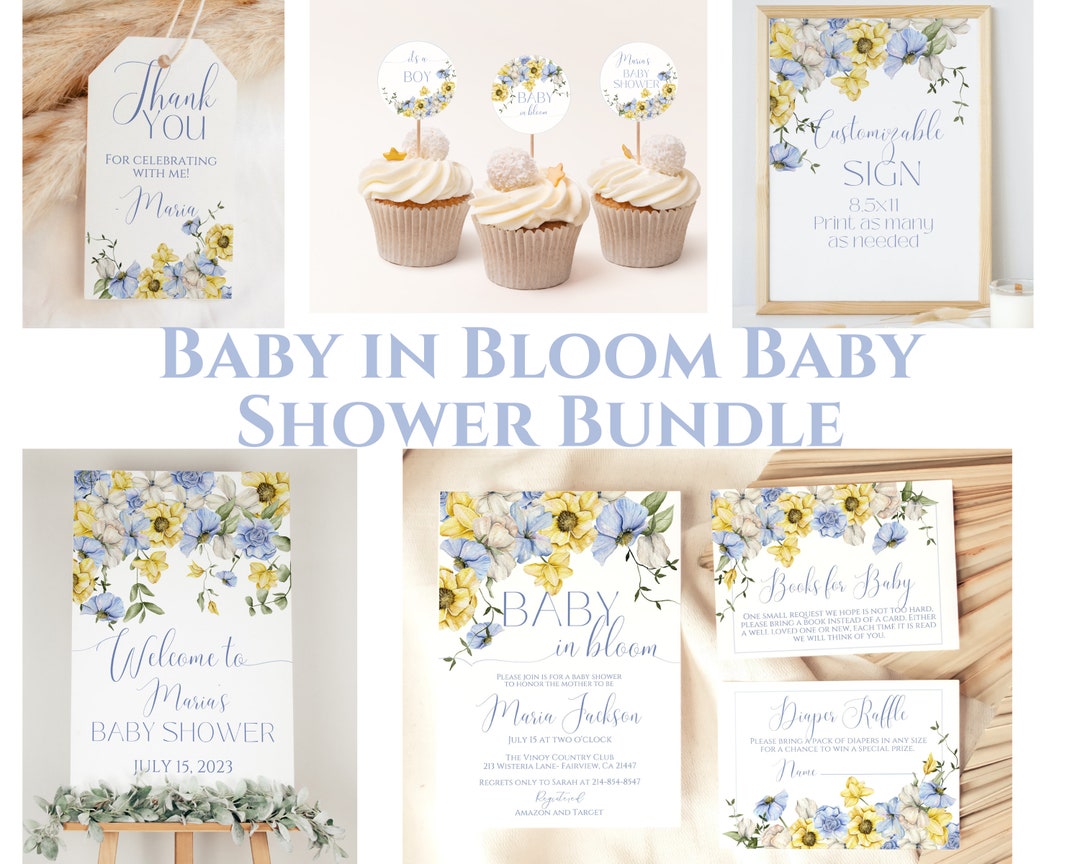 Editable Blue Baby in Bloom Baby Shower Bundle, Blue Floral Baby Shower