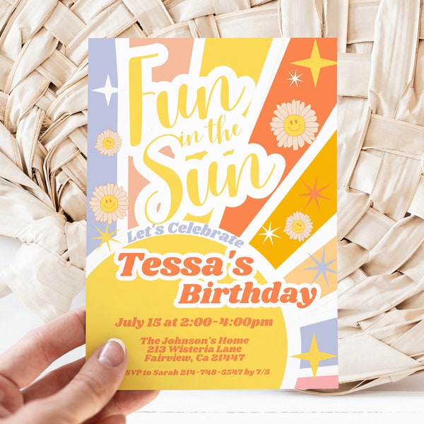 Editable Retro Fun in the Sun Birthday Party Invitation Template, Fun in the Sun Invite, Instant Download, Digital Invite, KP264