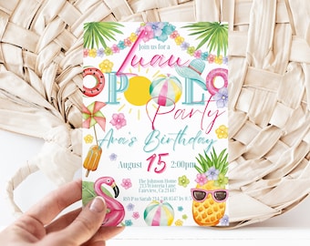 Editable Luau Pool Party Birthday Invitation Template, tropical Hawaiin Party Invite, Instant Download, Digital Invite, KP273