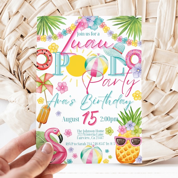 Editable Luau Pool Party Birthday Invitation Template, tropical Hawaiin Party Invite, Instant Download, Digital Invite, KP273