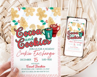 Puede incluir: Una invitación festiva para un evento de "Cocoa and Cookies", con hombres de jengibre y tazas de chocolate caliente. La invitación detalla un intercambio de galletas el 15 de diciembre, con información del anfitrión.