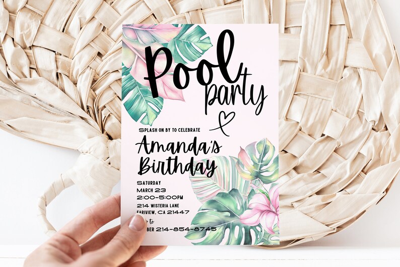 Editable Tropical Pool Party Invitation Template, Tropical Palm Leaves ...