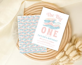 Editable The Big ONE Girl's Surfing First Birthday Invitation Template, Watercolor Tropical Beach Birthday, Instant, Digital Invite, KP403