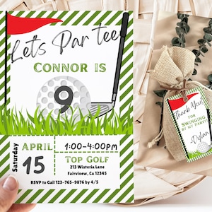Bewerkbare groene golf Let's Par-Tee verjaardagsuitnodiging sjabloon en gunsttag, golffeest, bundel, instant download, digitale uitnodiging, KP432