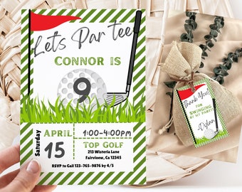 May include: A green and white golf-themed party invitation with the text "Let's Par Tee Connor Is" and a golf club with a golf ball. The invitation includes the date, time, and location of the party. A small thank you tag with the text "Thank You! For Swinging By My Party! -Dylan" is also included.