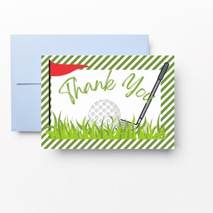 Plantilla de tarjeta de agradecimiento plegable con diseño de golf a rayas verdes, Let's Partee, descarga instantánea, KP372