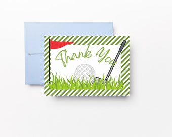 Green Striped Golf Foldable Thank you Card Template, Let's Partee Coordinating Thank You, Instant Download, KP372