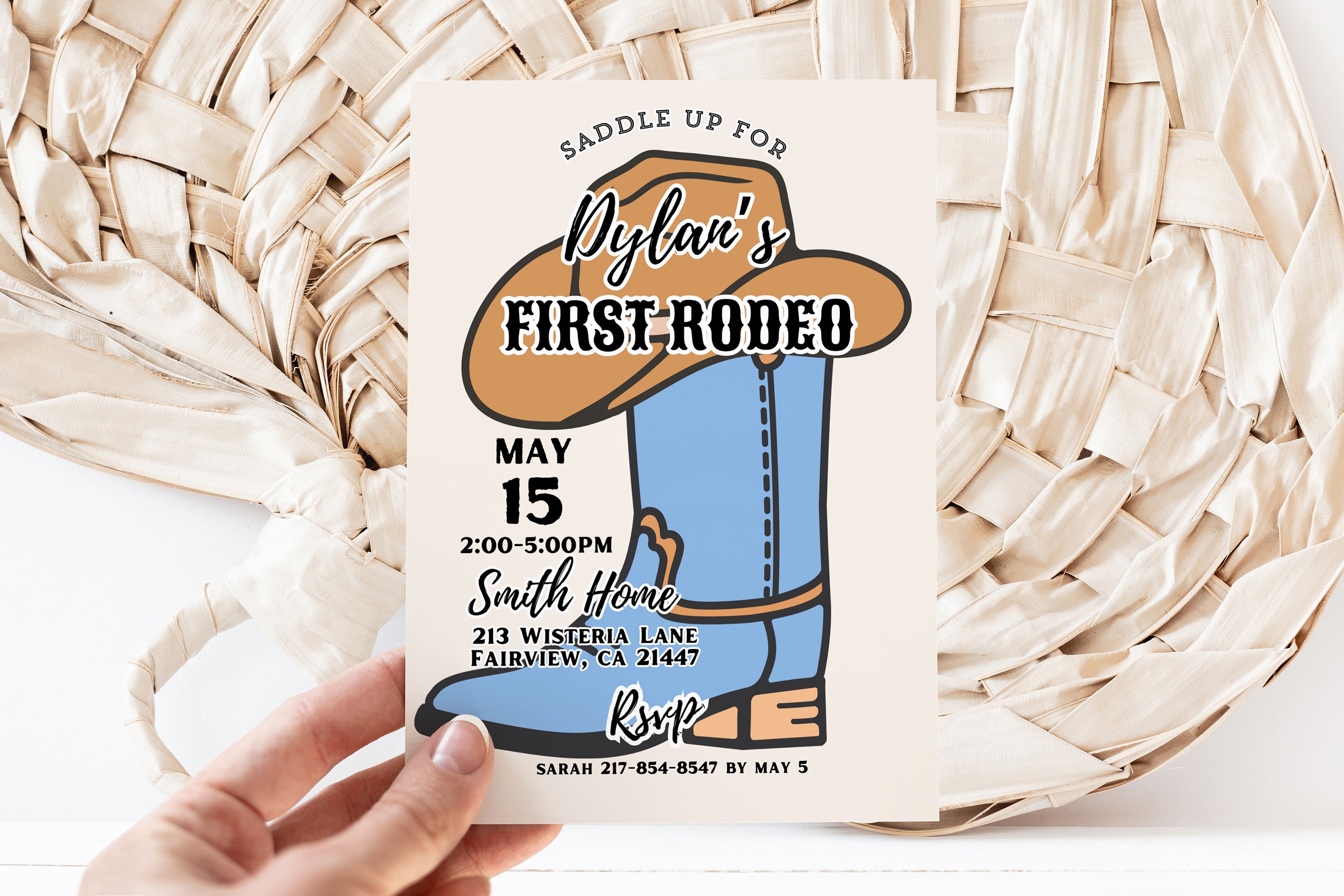 Editable Boy's First Rodeo Birthday Invitation Template, Cowboy