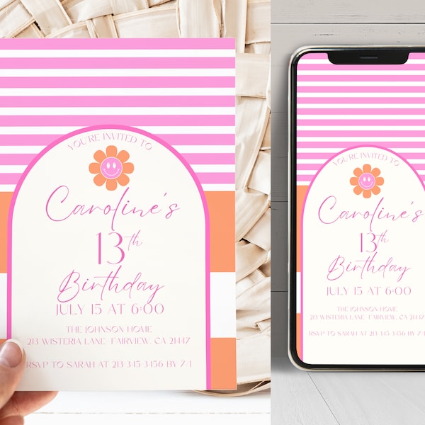 Editable Pink and Coral Striped Minimal Birthday Party Invitation, Preppy Smiling Daisy Girl's Invite, Instant, Digital Invite, KP417