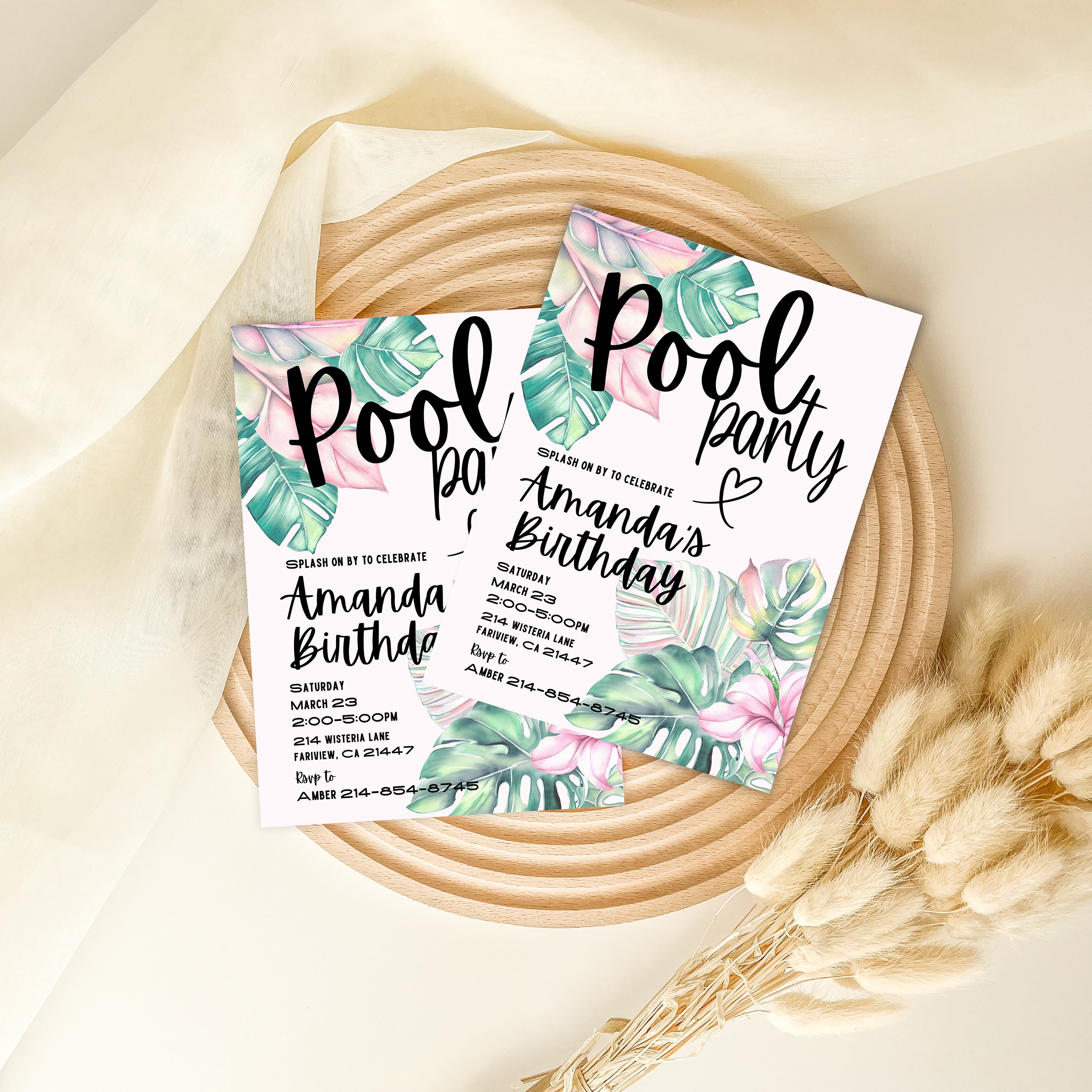 Editable Tropical Pool Party Invitation Template, Tropical Palm Leaves ...