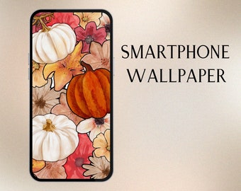 Citrouilles et fleurs fond d’écran pour smartphone | Fond d'écran iPhone | Saveur d'écran | Papier peint inspiré de l’automne | Fleurs | Citrouilles