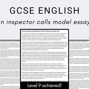 Op de afbeelding: Een close-up van een pagina uit een GCSE-Engels-leerboek met de titel "An Inspector Calls Model Essays". De pagina toont een zwart-witfoto van een man in pak en stropdas, en tekst die handelt over het toneelstuk "An Inspector Calls" van J.B. Priestley. De tekst benadrukt hoe het toneelstuk de houding van de bovenklasse bekritiseert.