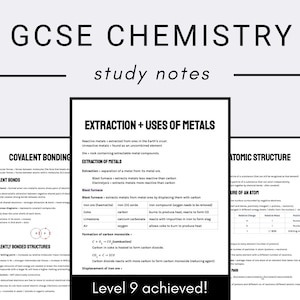 Peut inclure: Un ensemble de trois notes d'étude en noir et blanc pour la chimie GCSE. Les notes portent sur la liaison covalente, l'extraction et les utilisations des métaux, et la structure atomique. Les notes comprennent des diagrammes et du texte.